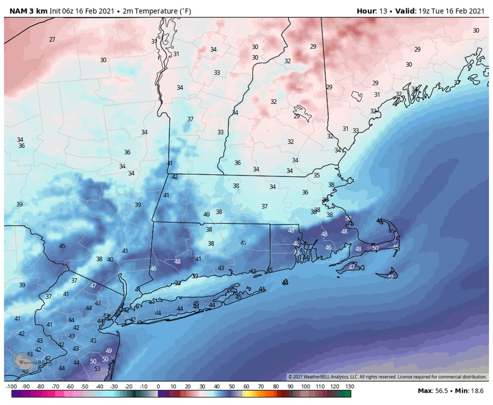 Highs Tuesday will be mild well south of Boston and chilly to the north. (Courtesy WeatherBell)