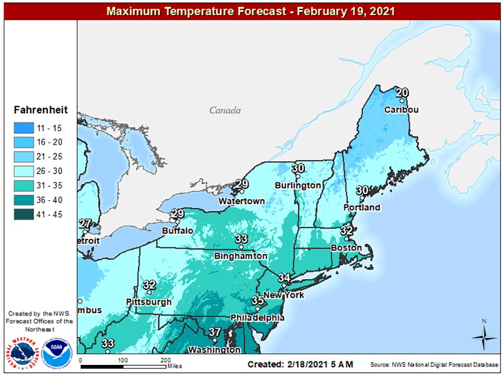 Highs on Friday will reach near freezing over much of southern New England and stay colder to the north. (Courtesy NOAA)