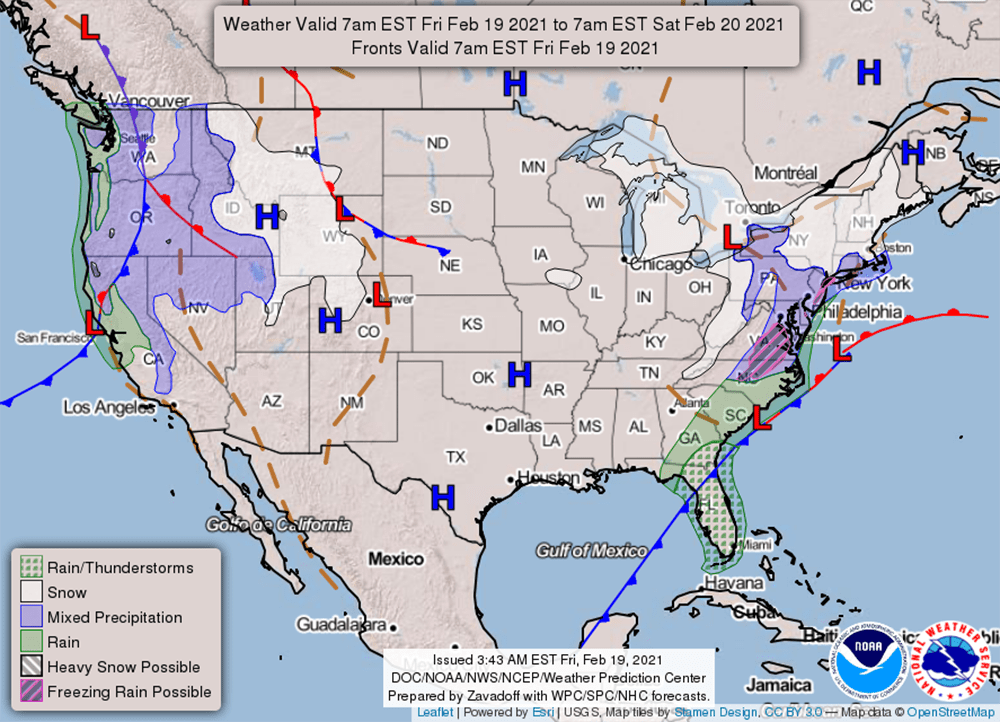 High pressure to the north of southern New England has kept much of the snow to the south. (Courtesy NOAA)