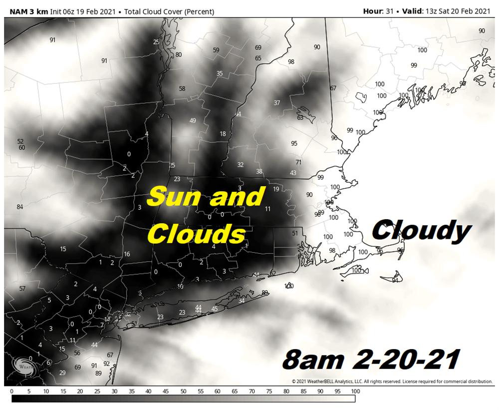 Clearing will take place from west to east Saturday and may take much of the day to clear over Cape Cod. (Courtesy WeatherBELL)