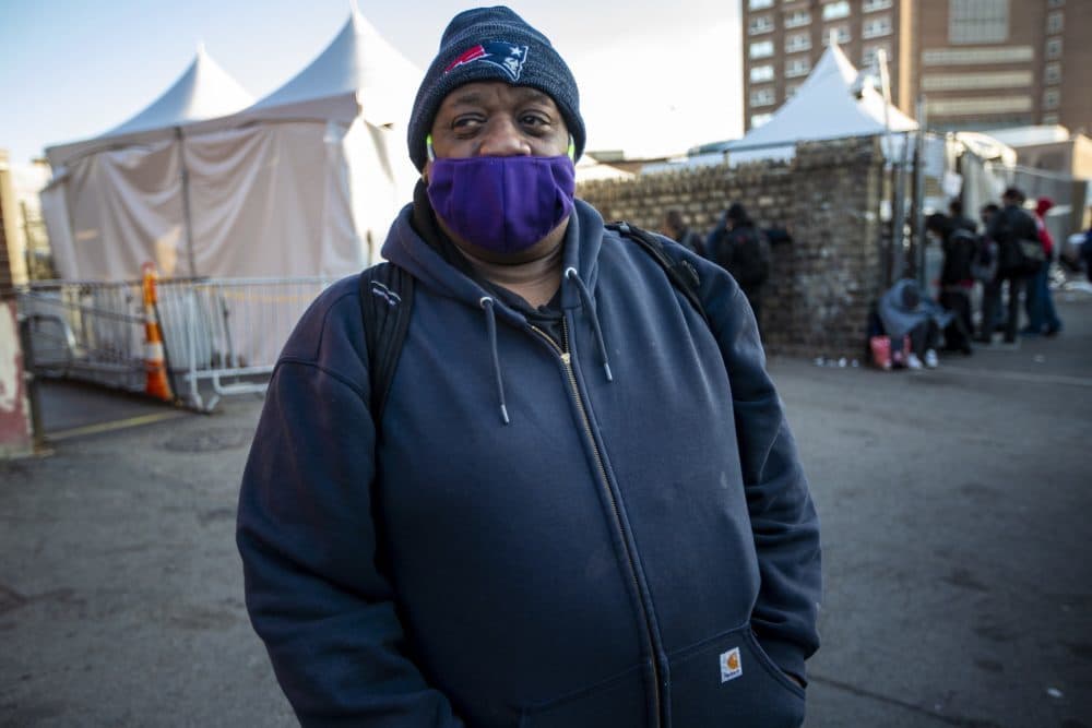 Dennis Watkins, 60, pictured outside Boston's Southampton Street shelter in May. He has now received the first dose of the COVID-19 vaccine. (Jesse Costa/WBUR)