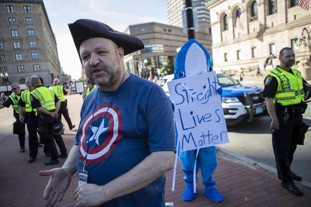 Super Happy Fun America President John Hugo at the "Straight Pride" parade in Boston in 2019. (Jesse Costa/WBUR)