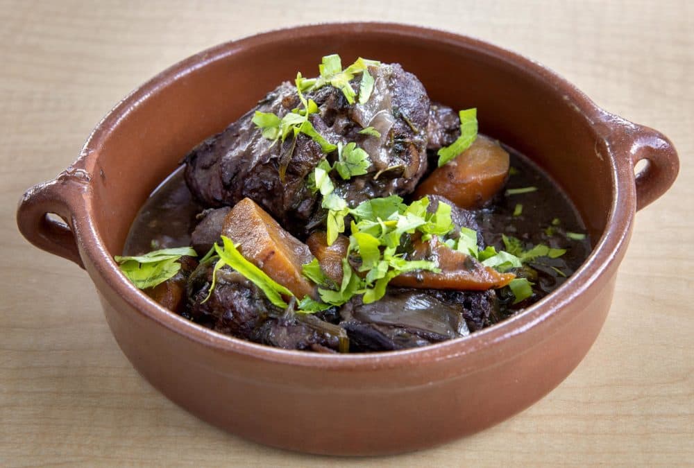 Chef Kathy Gunst’s braised lamb shanks with parsnips, carrots and leeks. (Robin Lubbock/WBUR)