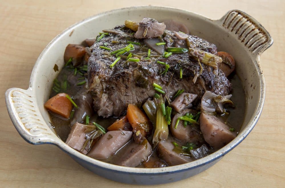 Braised beef chuck roast with winter vegetables, from chef Kathy Gunst. (Robin Lubbock/WBUR)