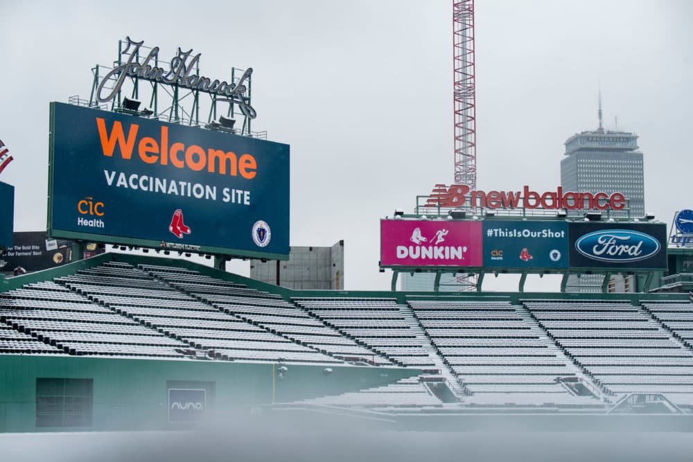 Fenway's scoreboard turned over to designate its use as a mass vaccination site, as seen on Jan. 27. (Courtesy Billie Weiss/Boston Red Sox)