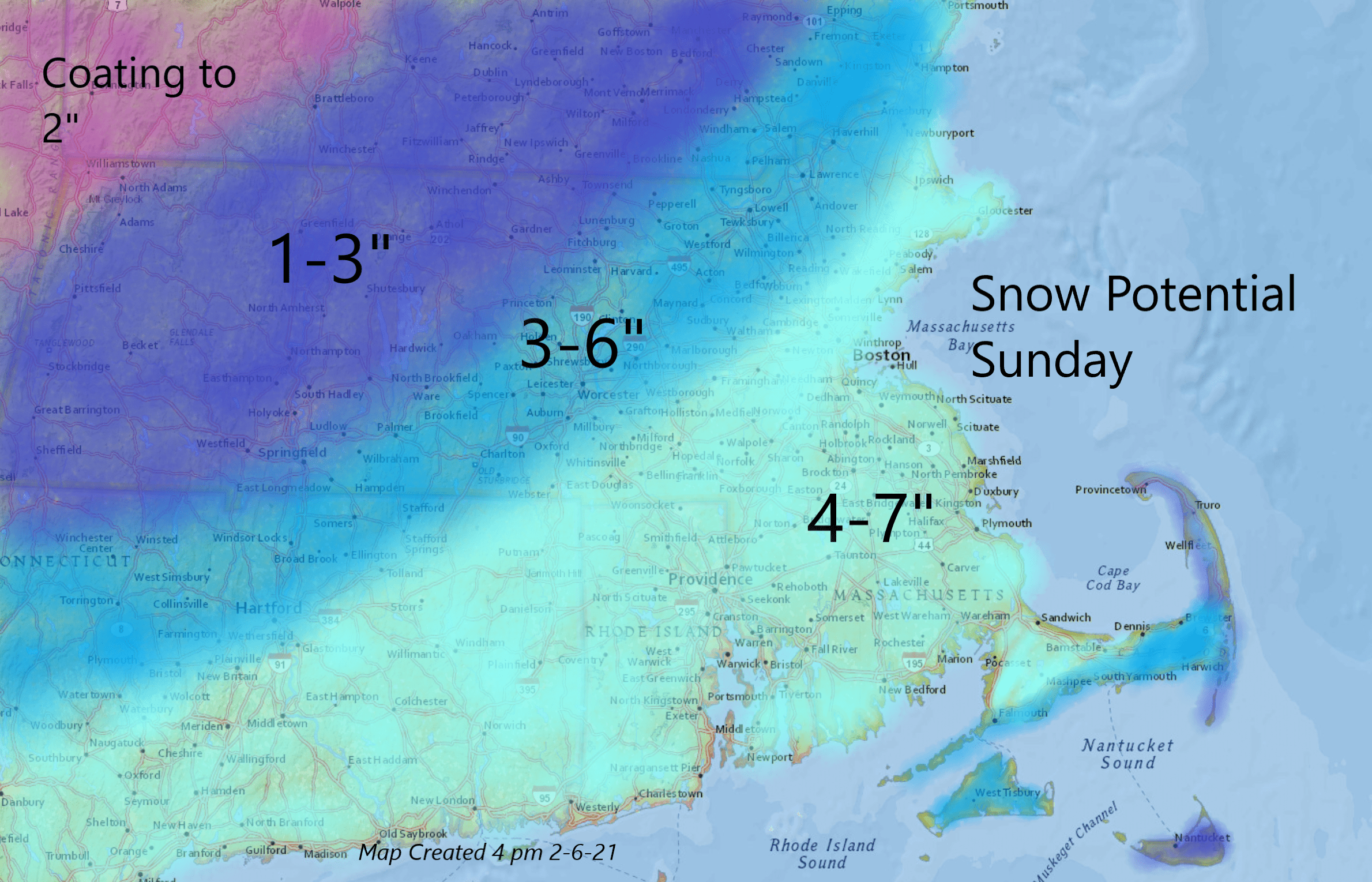 A wide range of snowfall is possible across southern New England on Sunday. (Dave Epstein for WBUR)