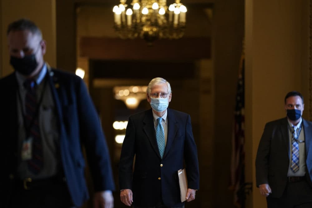 Senate Minority Leader Mitch McConnell (R-KY) leaves his office and walks to the Senate floor at the U.S. Capitol on February 8, 2021 in Washington, DC.  (Drew Angerer/Getty Images)