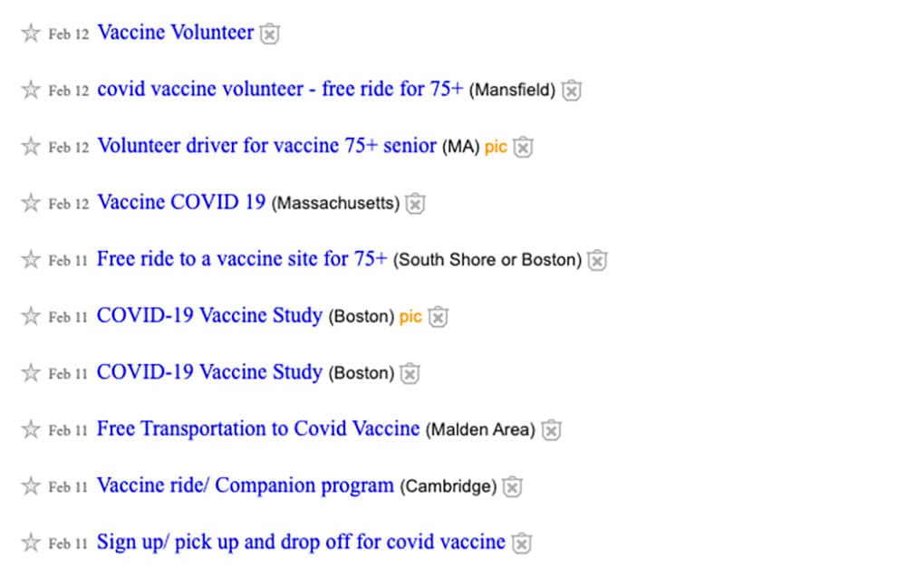 Some people are posting to Boston Craigslist, offering to drive seniors to their vaccine appointments sot hey can be vaccinated as well. (Screenshot via Craigslist)