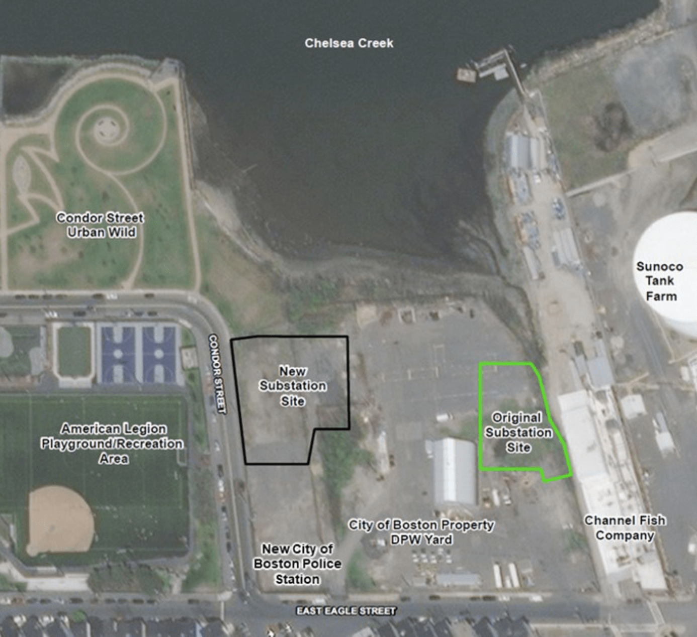 Map showing original and new locations for the proposed substation. (Courtesy Energy Facilities Siting Board)