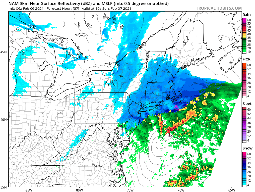 A coastal storm will bring snow to the area Sunday and Sunday evening. (Courtesy of Tropical Tidbits)
