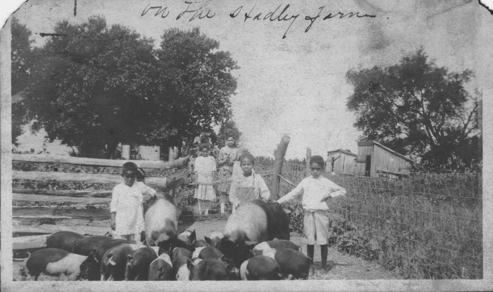 New Philadelphians and great-grandchildren of town founder Frank McWorter with the pigs they were raising, circa 1920. (Courtesy)