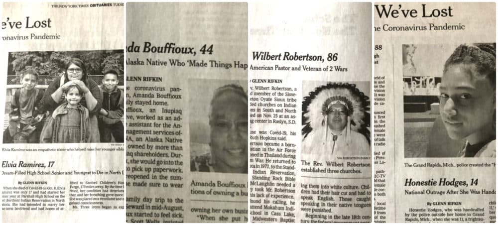 A collage of some of the obituaries the author has written since the beginning of the coronavirus pandemic. (Courtesy of the author via The New York Times)