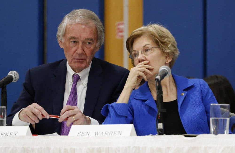 Sen Elizabeth Warren speaks with Sen. Ed Markey during a hearing in Lawrence, Mass. in 2018. (Winslow Townson/AP)
