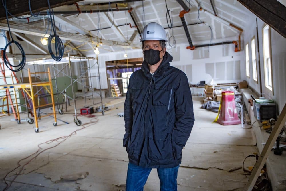 Founder Chris Lohring in what will be the new Notch Brewing taproom at the Charles River Speedway in Brighton. (Jesse Costa/WBUR)