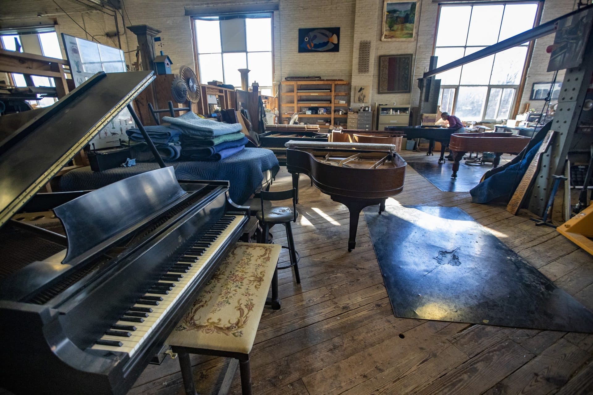 Fred Mudge’s shared piano workshop in Hyde Park. (Jesse Costa/WBUR)