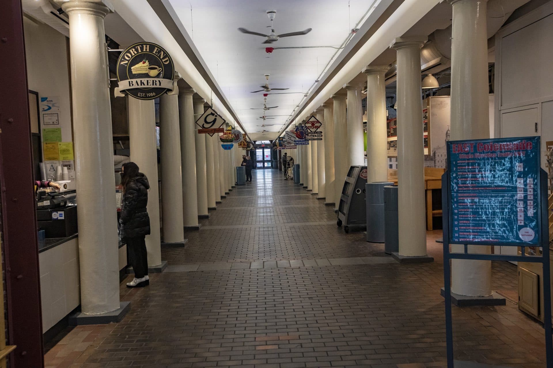 The hallways of Quincy Marketplace are deserted at lunchtime. (Jesse Costa/WBUR)