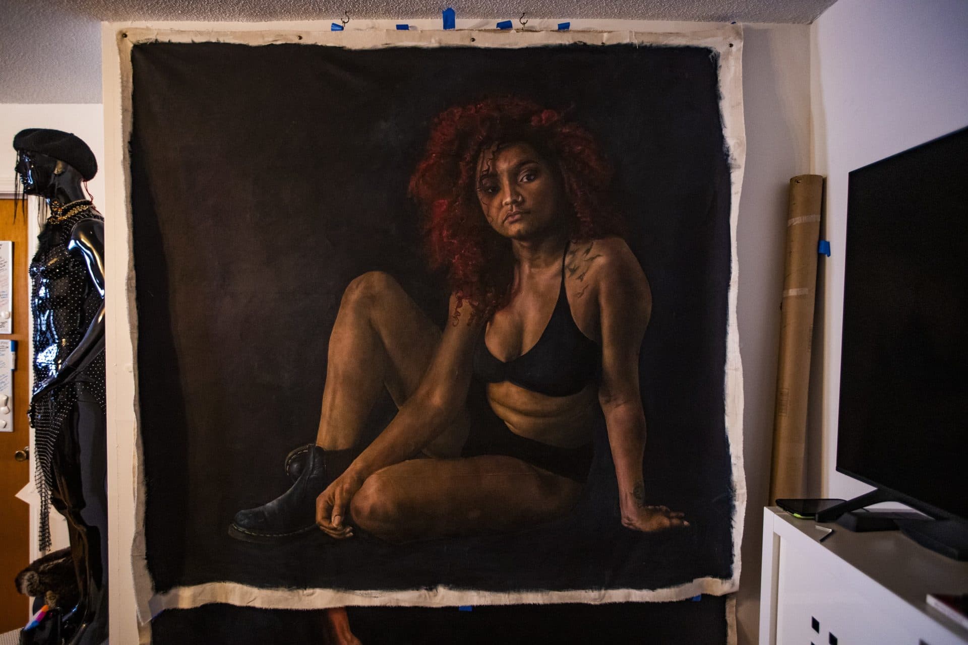 A portrait of Pearla Mabel hangs in Marla McLeod’s studio. (Jesse Costa/WBUR)
