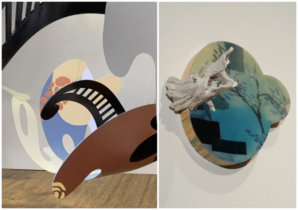 Left: Adria Arch, &quot;Murmurations.&quot; Right: Christopher Frost, &quot;non-pastoral.&quot; (Courtesy Boston Sculptors Gallery)