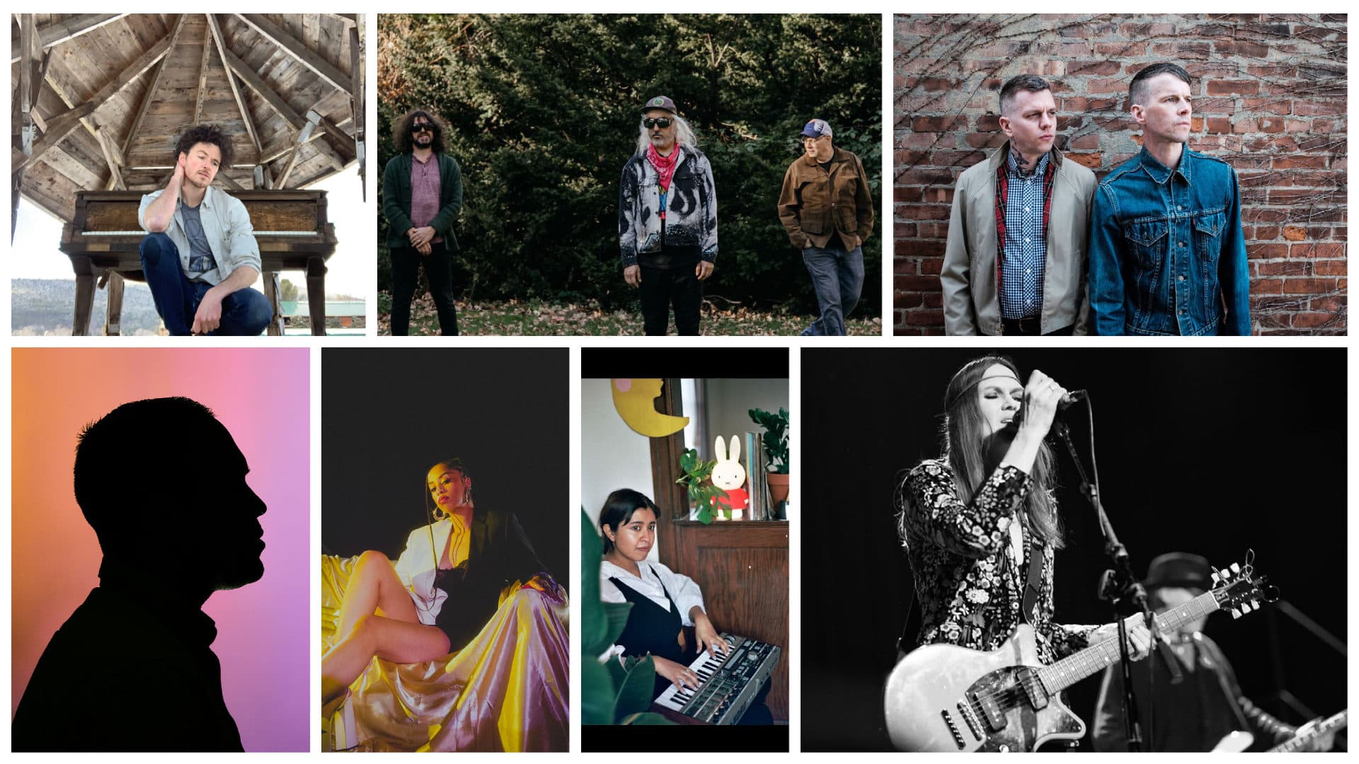 Clockwise from top left: Ben Cosgrove; Dinosaur J. (Courtesy Cara Totman); Space Cadet; Juliana Hatfield (Courtesy David Doobinin); Mia Joy (Courtesy Sydney Haliburton); Rochelle Jordan (Courtesy Paige Strabala); and Mercet (Courtesy Nick Surette).