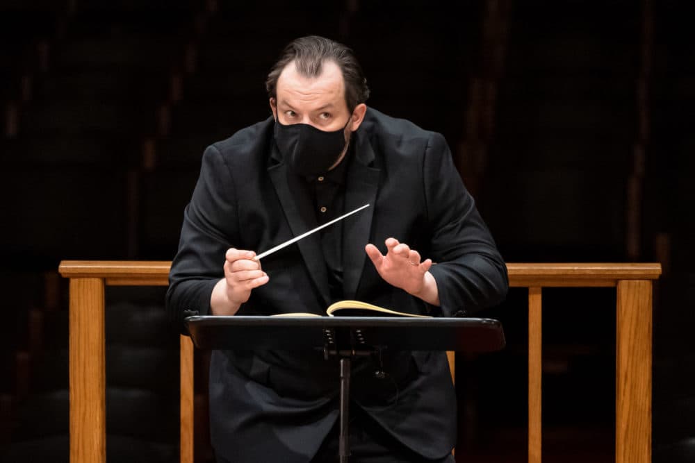 BSO music director Andris Nelsons at the podium in Symphony Hall during filming. (Courtesy BSO/Aram Boghosian)