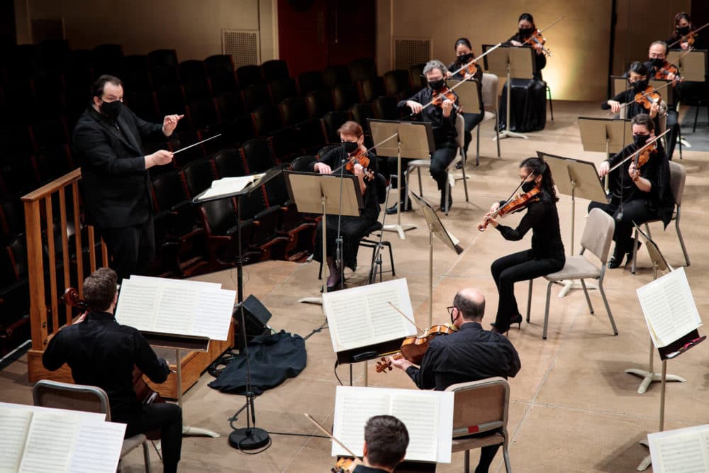 Another angle of Symphony Hall's stage captured in the streaming performance. (Courtesy BSO/Aram Boghosian)