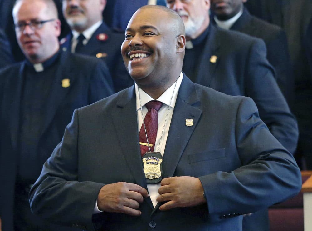 In this Aug. 6, 2018, file photo, William Gross smiles after being sworn in as Boston's first Black police commissioner during ceremonies in Boston. Gross retired on Jan. 29, 2021. (Elise Amendola/AP File)