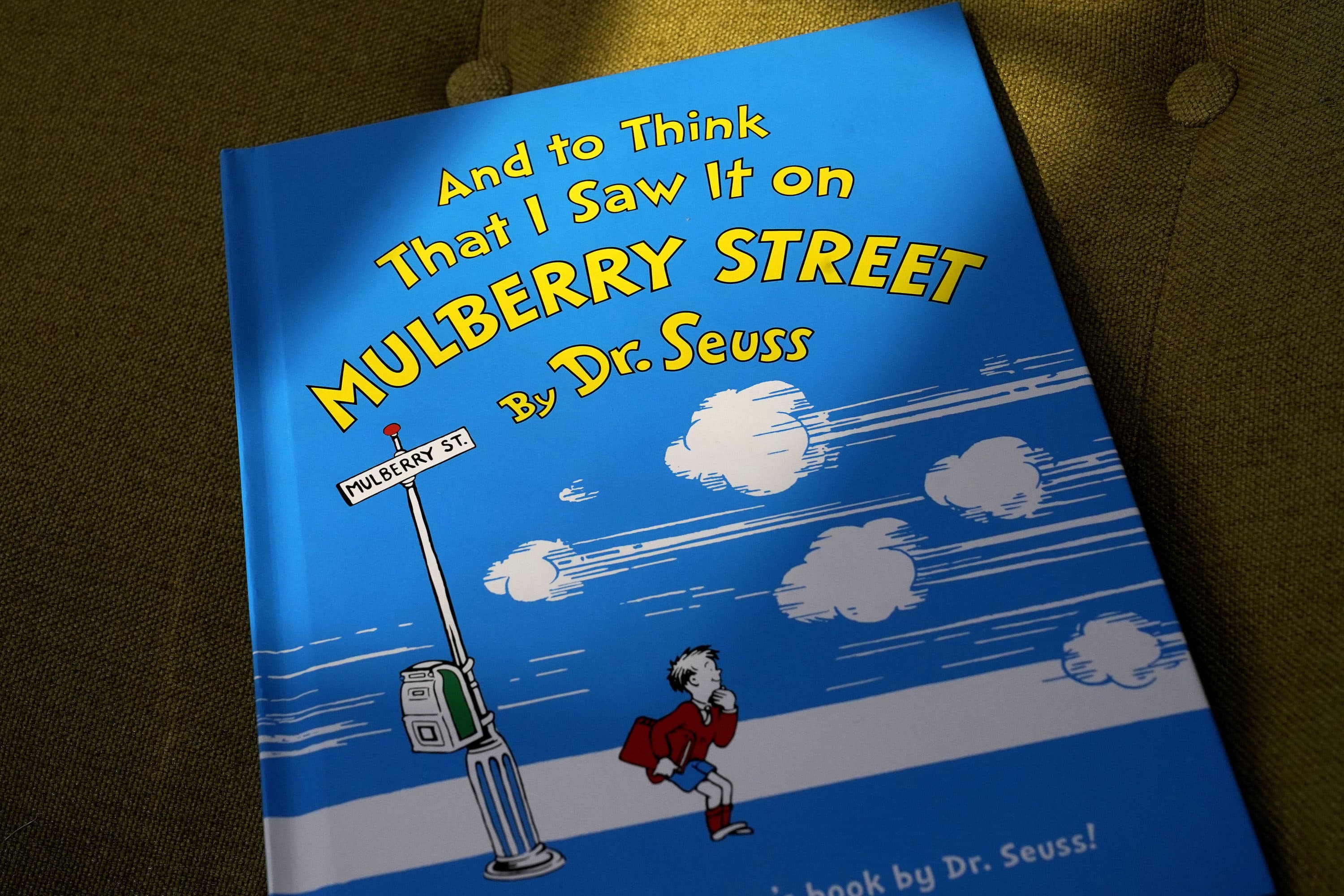 A copy of the book "And to Think That I Saw It on Mulberry Street," by Dr. Seuss, rests in a chair, Monday, March 1, 2021, in Walpole, Mass. (Steven Senne/AP)