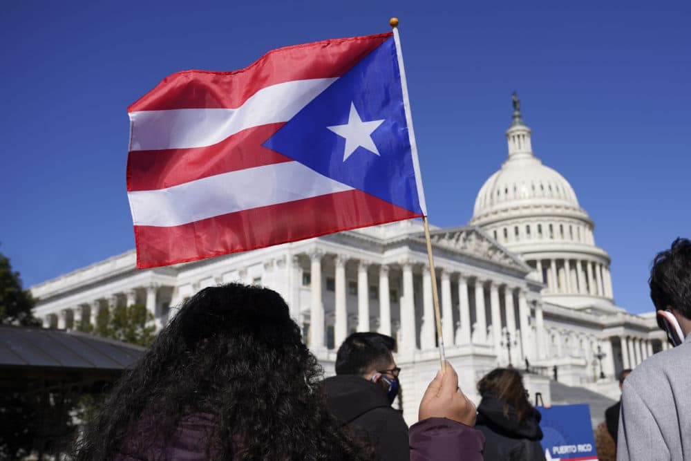 A woman waves the flag of Puerto Rico during a news conference on Puerto Rican statehood on Capitol Hill in Washington, D.C., on March 2, 2021. (Patrick Semansky/AP)