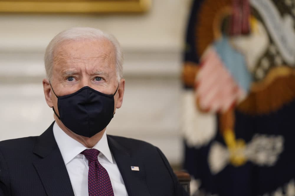 President Joe Biden participates in a roundtable discussion on a coronavirus relief package in the State Dining Room of the White House in Washington, Friday, March 5, 2021. (Patrick Semansky/AP)