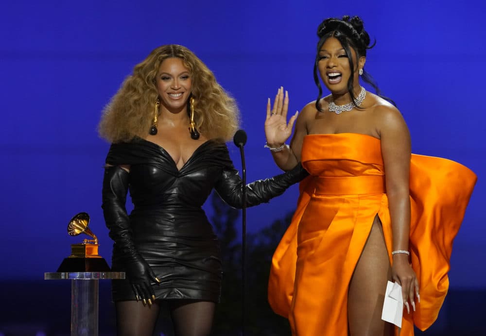 Beyonce, left, and Megan Thee Stallion accept the award for best rap song for &quot;Savage&quot; at the 63rd annual Grammy Awards at the Los Angeles Convention Center on Sunday, March 14, 2021. (Chris Pizzello/AP)