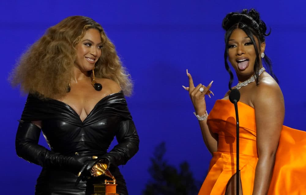 Beyonce, left, and Megan Thee Stallion accept the award for best rap song for &quot;Savage&quot; at the 63rd annual Grammy Awards at the Los Angeles Convention Center on Sunday, March 14, 2021. (Chris Pizzello/AP)