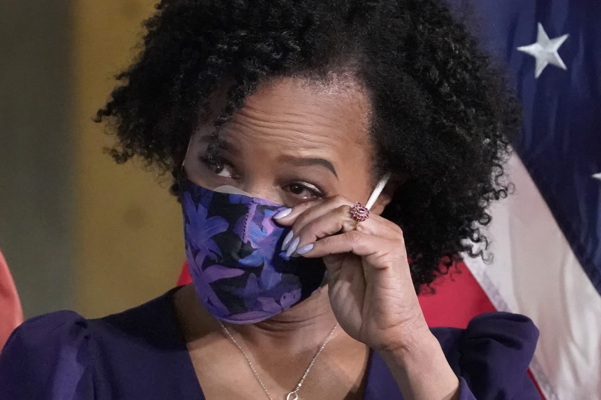 Former Boston City Council President Kim Janey, 55, wipes a tear as she is introduced to be sworn in as Boston's new mayor at City Hall, Wednesday, March 24, 2021, in Boston.(Elise Amendola/AP)