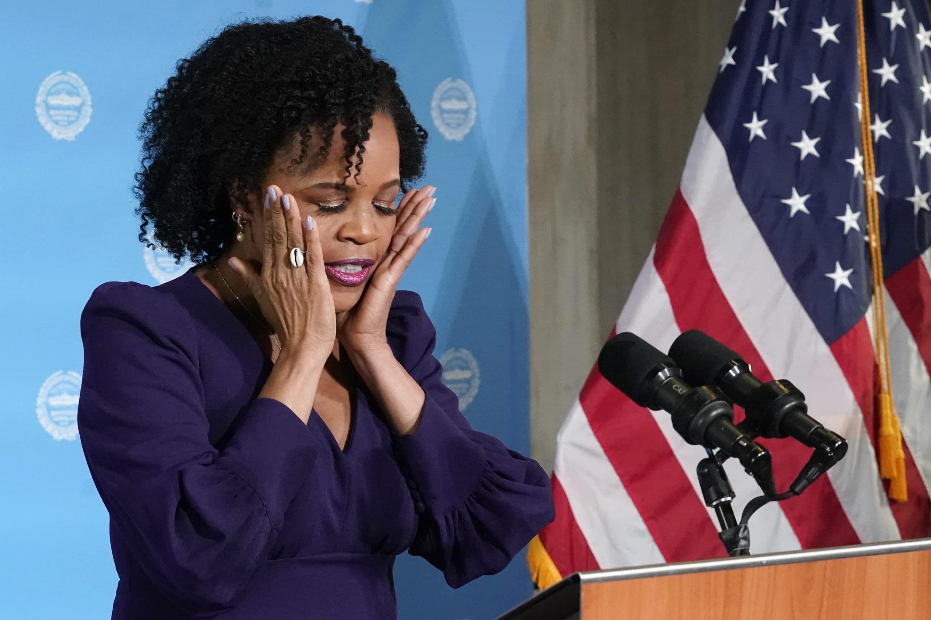 Former Boston City Council President Kim Janey, 55, composes herself as she begins to speak after being sworn in as Boston's new mayor at City Hall, Wednesday, March 24, 2021, in Boston. (Elise Amendola/AP)