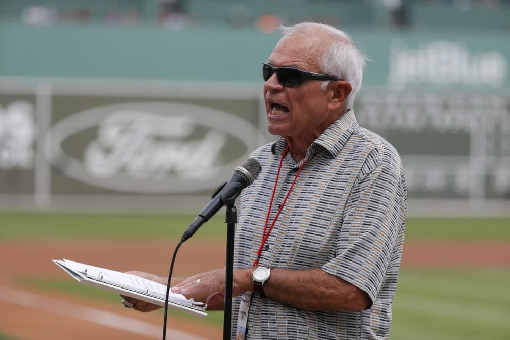 Boston Red Sox radio announcer Joe Castiglione emcee's a ceremony honoring David Ortiz in March 2016 in Fort Myers, Florida. (Tony Gutierrez/AP)