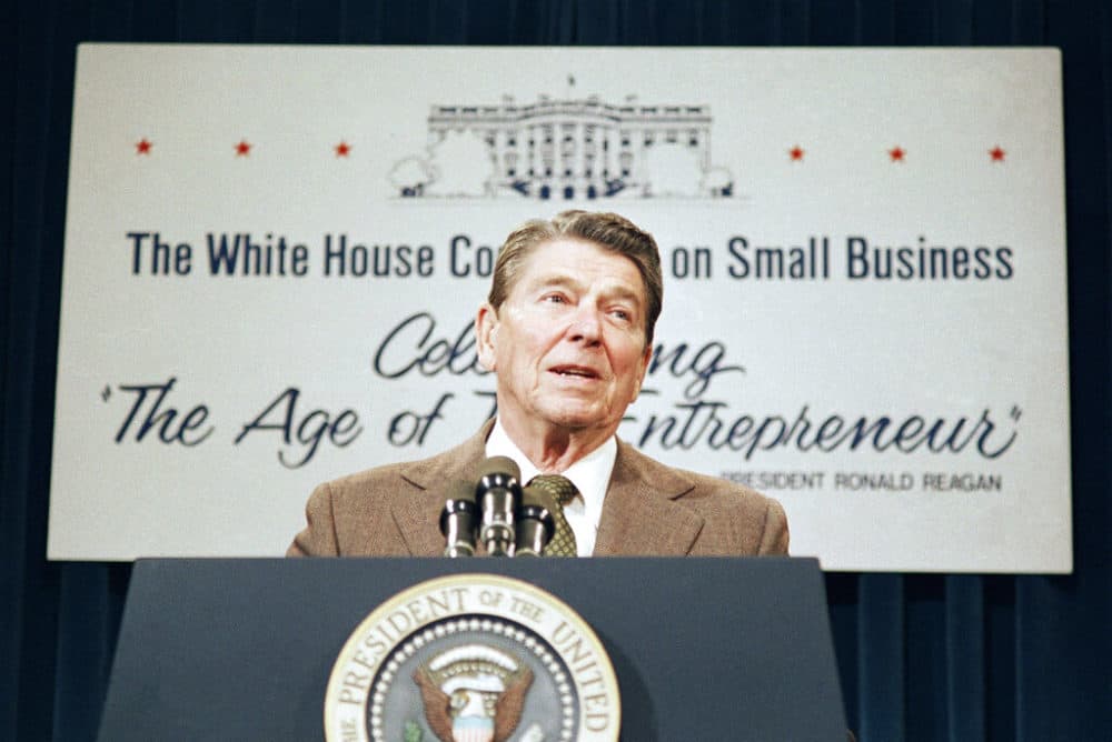 President Reagan addresses the White House Conference on Small Business on Friday, August 15, 1986 in Washington. (J. Scott Applewhite/AP Photo)