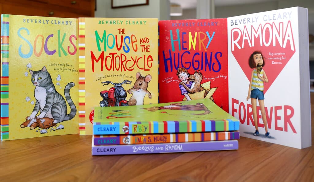 A collection of books by Beverly Cleary, whose characters Ramona Quimby and Henry Huggins enthralled generations of young readers. (Anthony McCartney/AP)