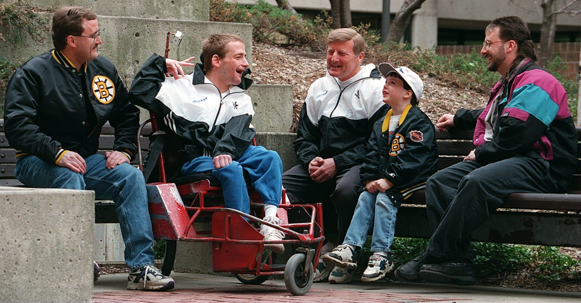 Dick Hoyt with his sons, left to right, Robert, Rick, Russell and grandson Jayme (Robert's son). (Frank O'Brien/The Boston Globe via Getty Images)