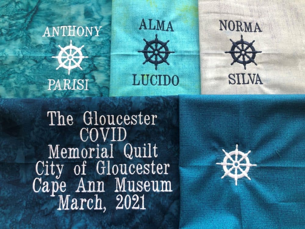 Quilt elements embroidered by Diane Taormina to be assembled into the Gloucester COVID-19 Memorial Quilt. (Courtesy Cape Ann Museum)