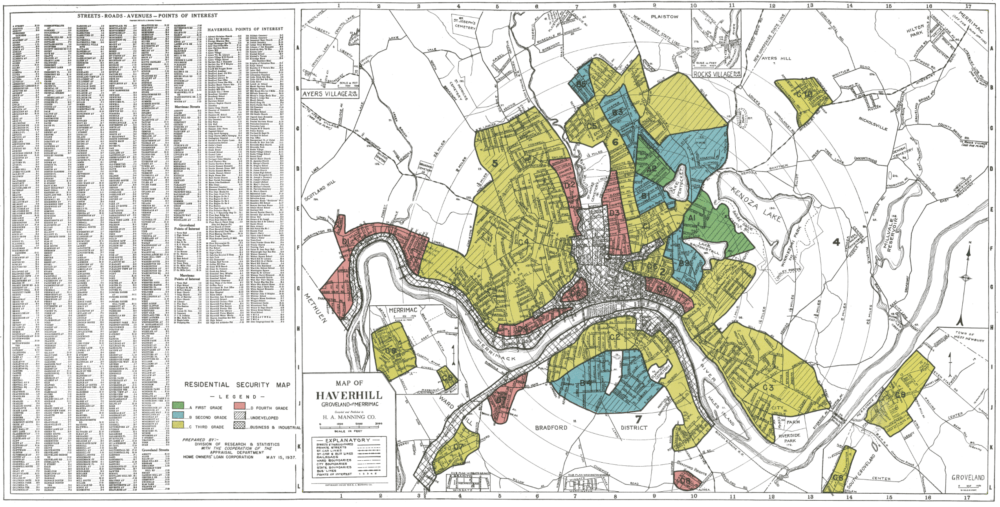 Home Owners Loan Corporation (HOLC) map of Haverhill from the 1930s. Areas colored red were considered high risk for mortgage lenders. (Courtesy of Mapping Inequality)