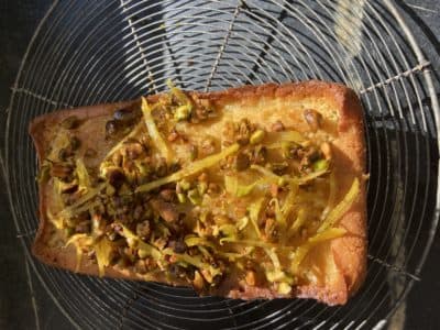 Meyer lemon pound cake with pistachio-lemon glaze. (Kathy Gunst)