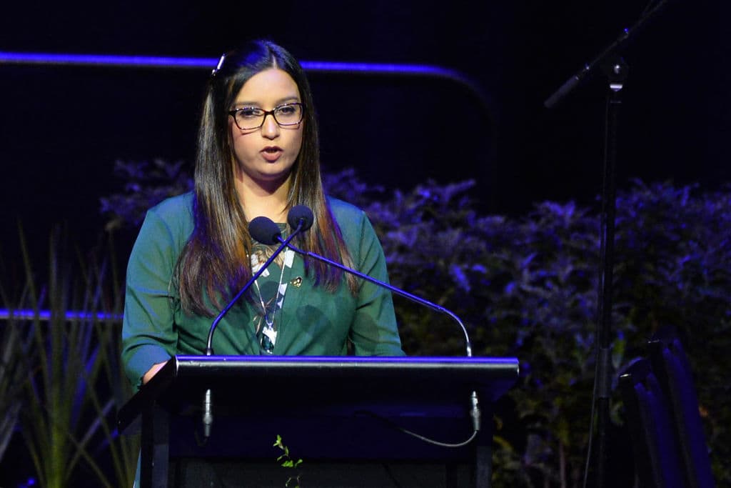 Kiran Munir speaks on behalf of bereaved families during a national remembrance service in Christchurch on March 13 to mark two years since the Christchurch mosque attacks in which 51 people were killed and dozens were injured. (Sanka Vidanagama/AFP via Getty Images)