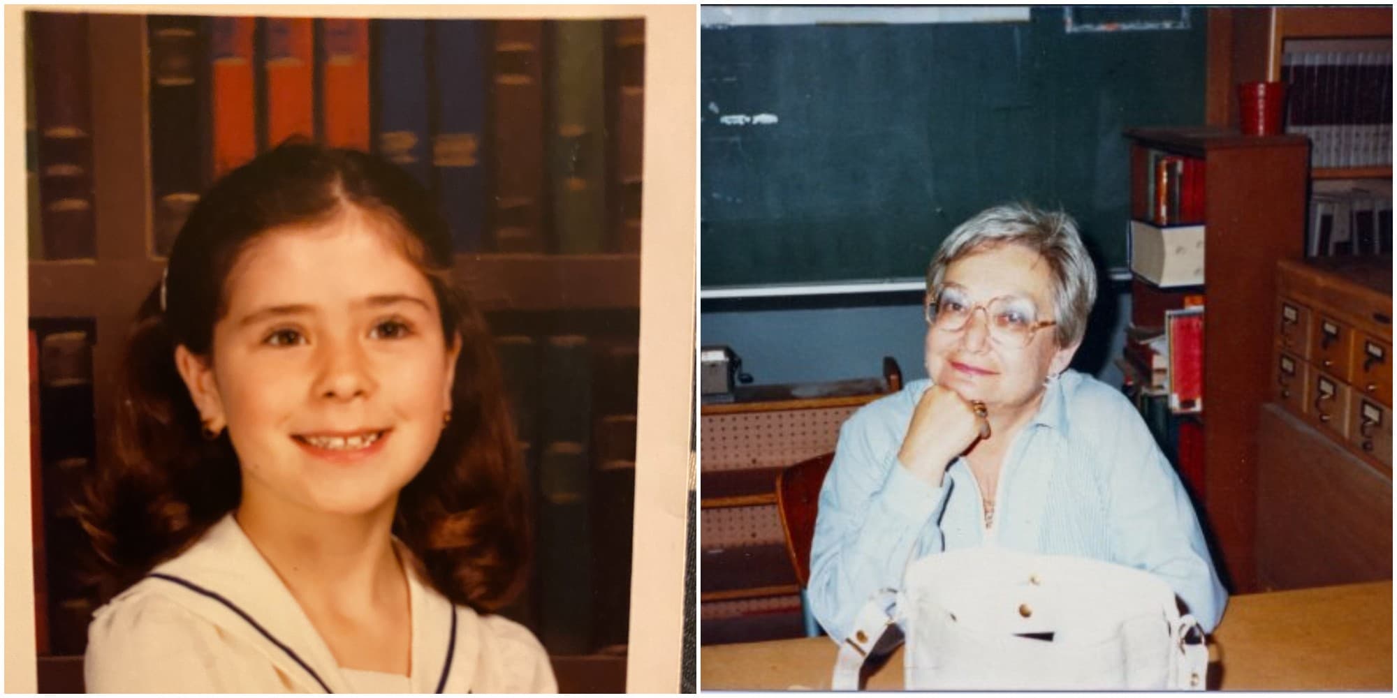 The author, left, as a fifth grader, and her beloved school librarian, Mrs. Ross, who died in 1996. (Courtesy)