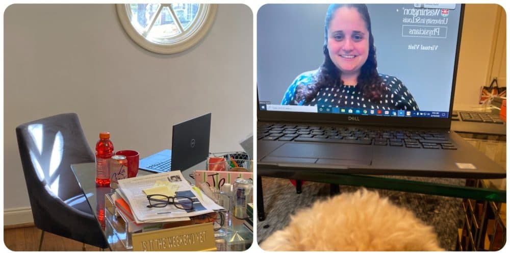 The author's desk (L). She stockpiles drinks in the morning, because it's hard to get up between appointments. And (R) the author's dog, Winnie, on her lap during a Zoom session. (Courtesy)