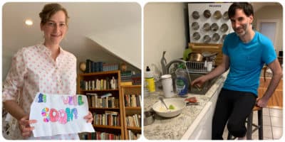 The author and her husband, Marc, in their apartment. When lingering Covid-19 symptoms made it difficult to stand for more than 10 minutes, they bought a stool for the kitchen so they could wash dishes. (Courtesy)