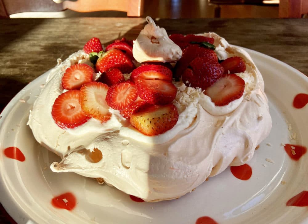 Passover Meringue Cake With Whipped Cream And Strawberries. (Kathy Gunst/Here &amp; Now)