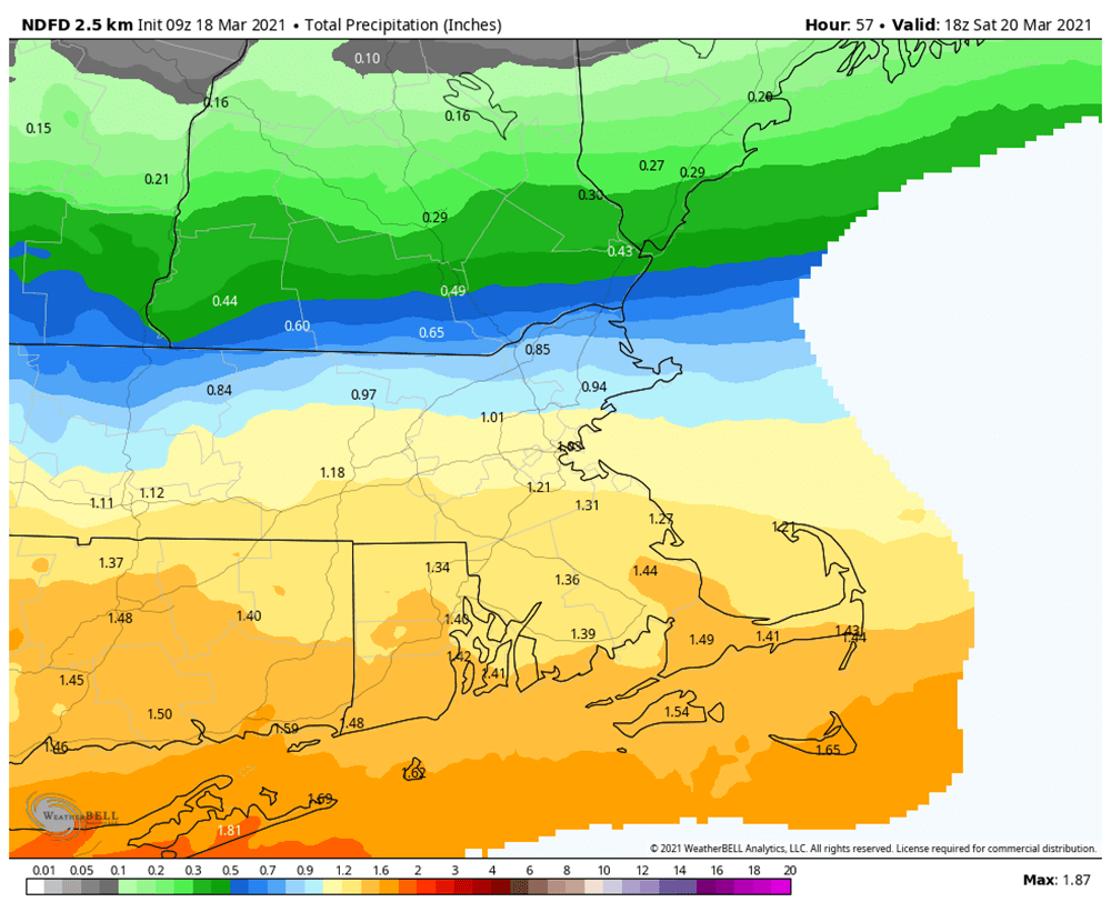 Total expected moisture from the upcoming storm is shown. (Courtesy WeatherBell)