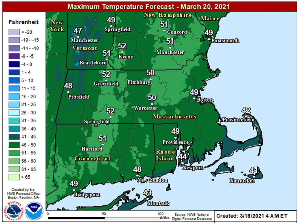 Highs on Saturday will be into the 40s and around 50 in most places. (Courtesy NOAA)