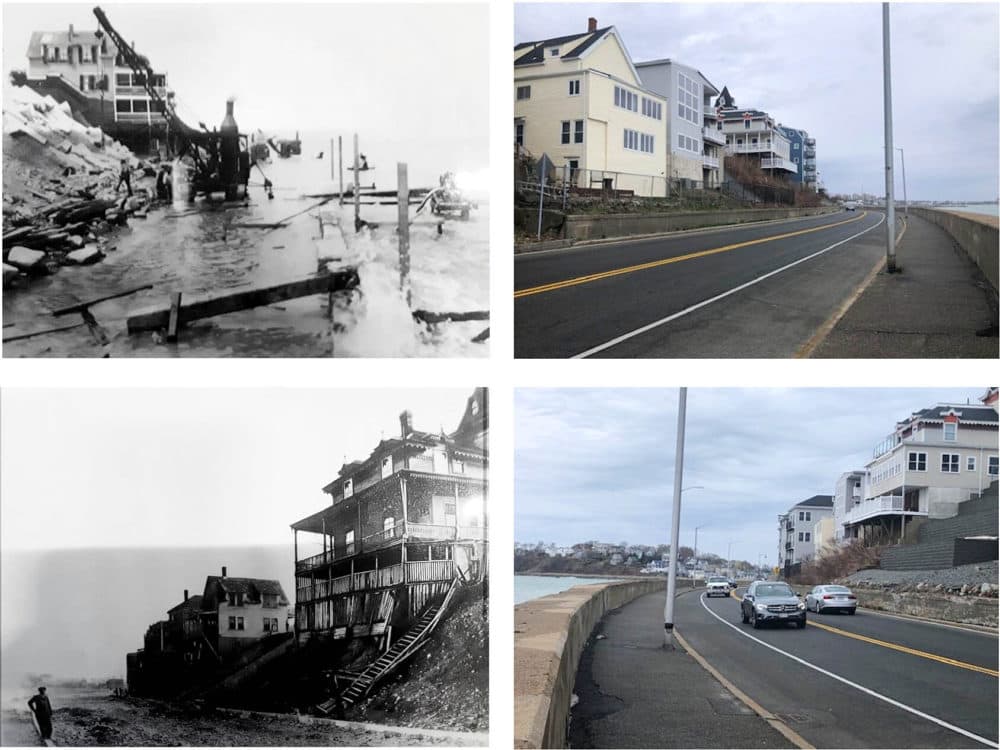 These photos show Winthrop Parkway being constructed in the early 20th century, and what the area looks like today. Much of the parkway was built in a tidal zone. (Courtesy City of Revere.)