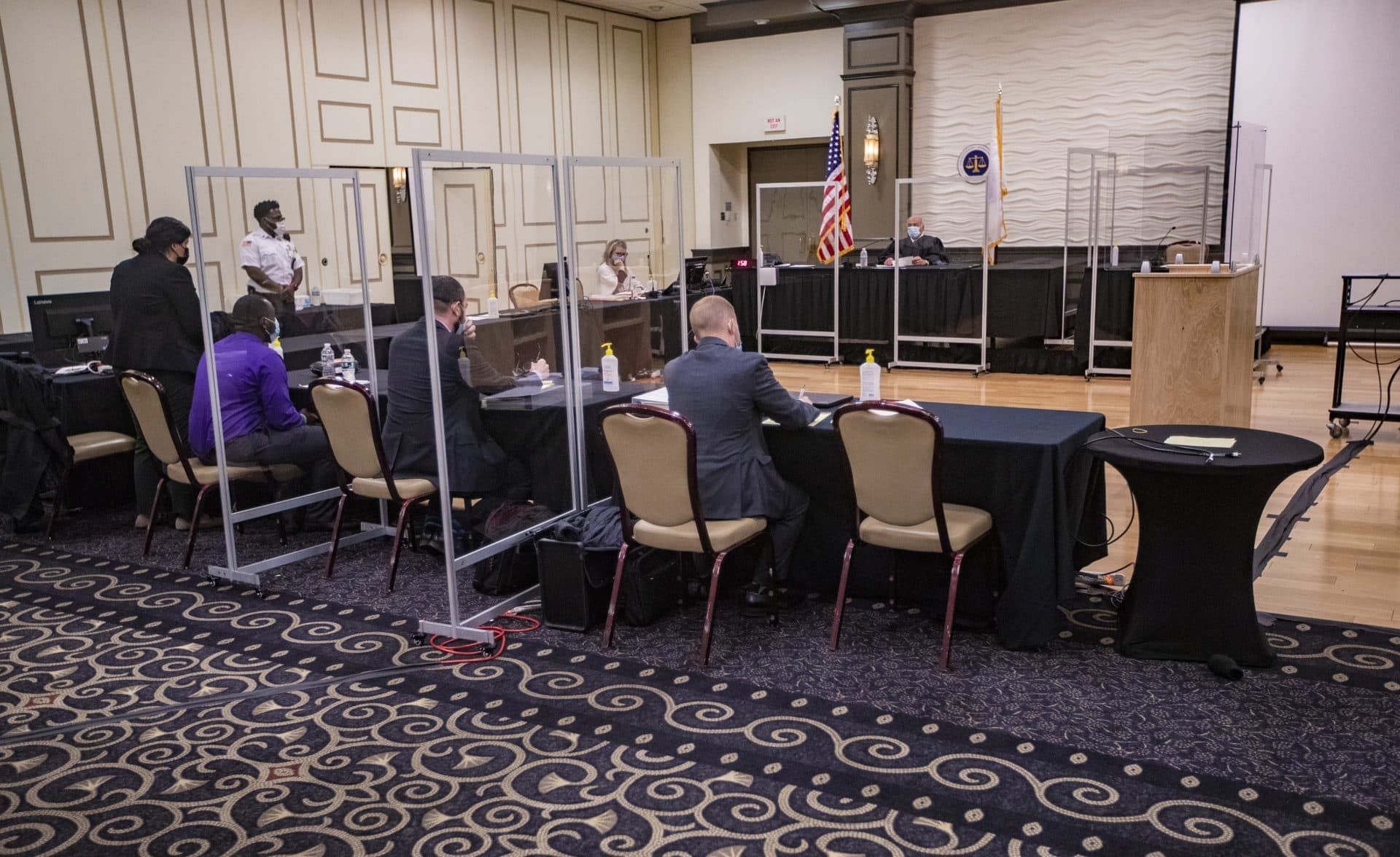 A Norfolk District court case resumes in a function hall at Lombardo’s in Randolph. (Jesse Costa/WBUR)