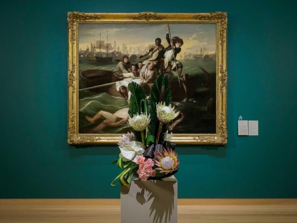 John Singleton Copley's &quot;Watson and the Shark&quot; (1778) with flowers as part of a previous Art in Bloom event. (Courtesy Museum of Fine Arts Boston)